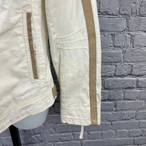 Oui Moments Beige Zip Front Leather Trimmed Jacket Size 10 NWT - Picture 5 of 10